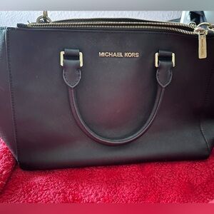 Michael Kors Black Leather Double-Handle Satchel with Gold Hardware